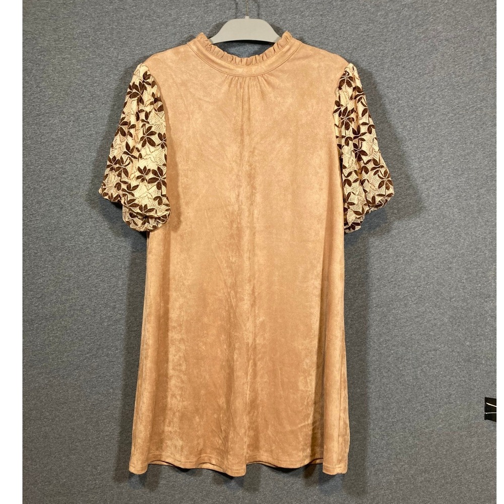 VOY Womens‎ Tan Faux Suede Lace Sleeve Ruffle Tie Neck Shift Dress 34693 L
